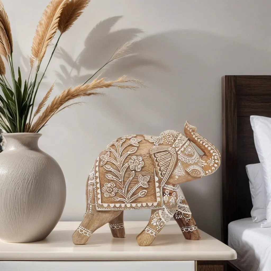 Statue Éléphant en Bois Décorative 20cm Style Boho Chic de Printemps