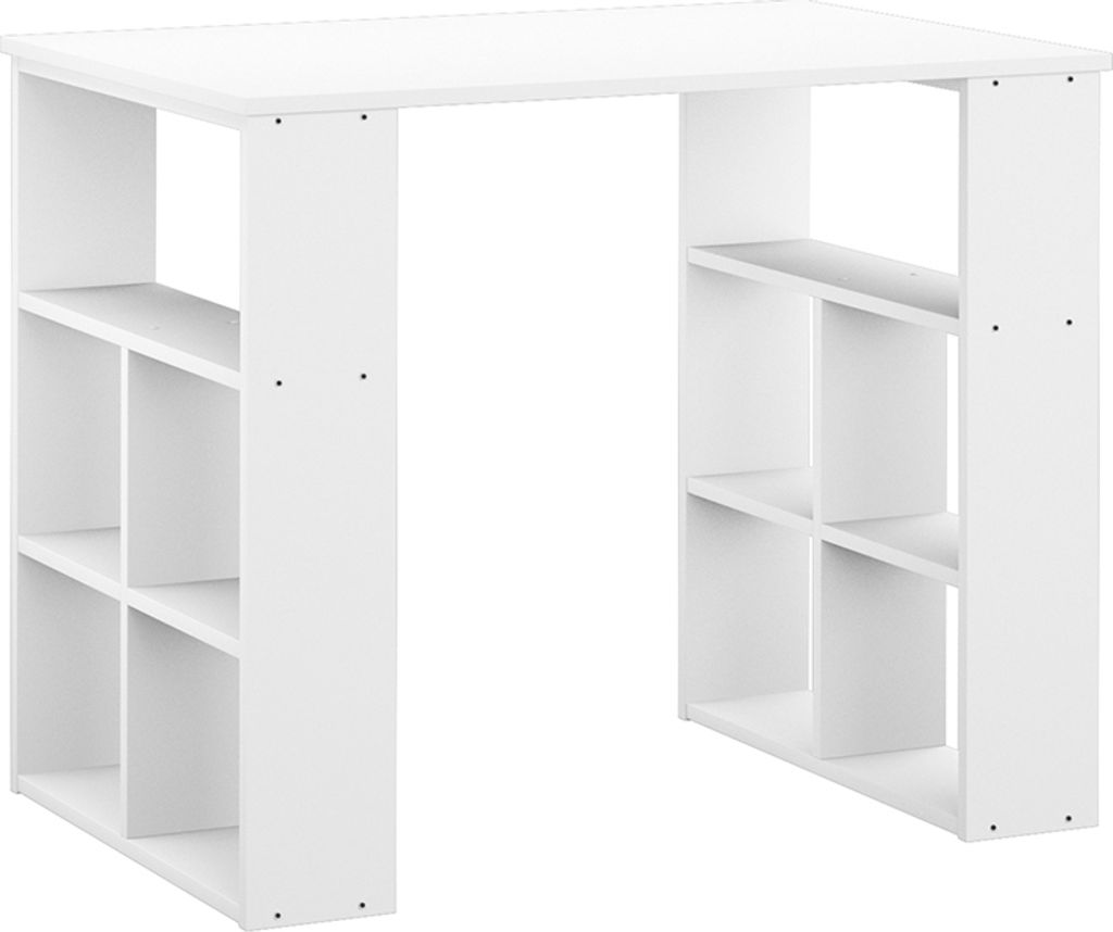 A white desk with built-in shelving units on each side, shown from a front-facing angle against a white background.