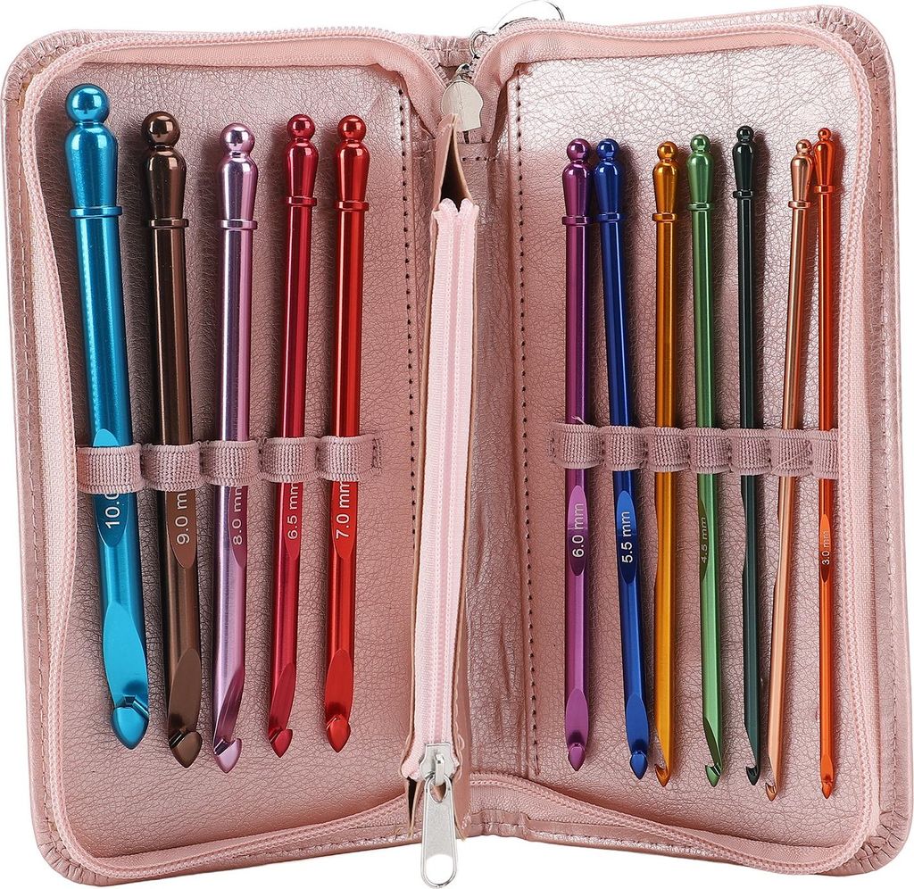 12-teiliges Häkelnadel-Set, ergonomisches Aluminium-Metall mit Etui für Anfänger, 3–10 mm, 15 cm lang