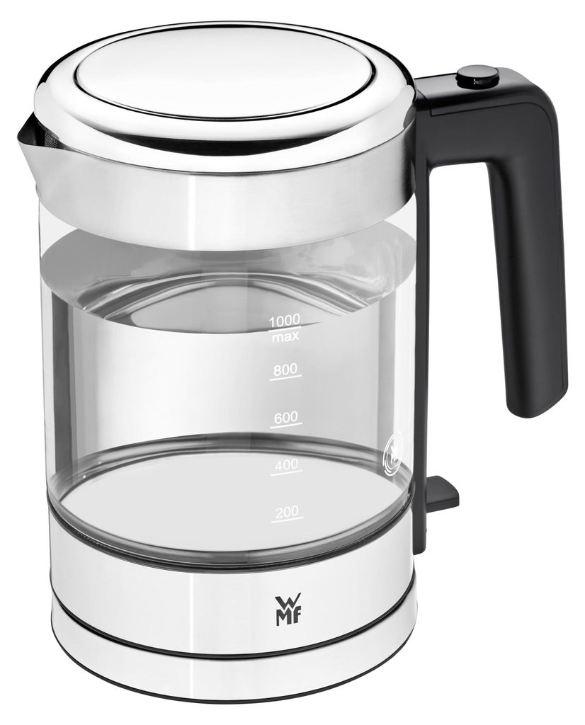 A studio shot of a glass electric kettle filled with water.