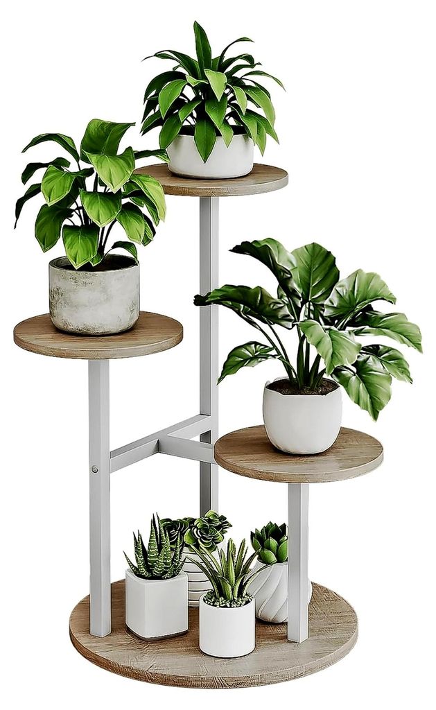Pflanzenständer für den Innenbereich mit 4 Ebenen für Blumentöpfe, geeignet für Terrasse, Garten, Balkon und Wohnzimmer (Weiß + Sonoma Oa)