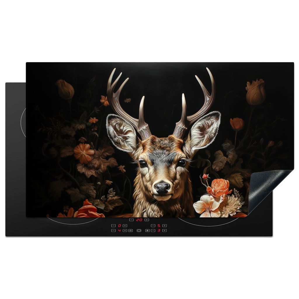 KitchenYeah Herdabdeckplatte Hirsch - Tier - Blumen - Natur - Botanisch , 90x52cm, Küche Deko, Glaskeramikkochfeld Herdabdeckung, Abdeckplatte f...