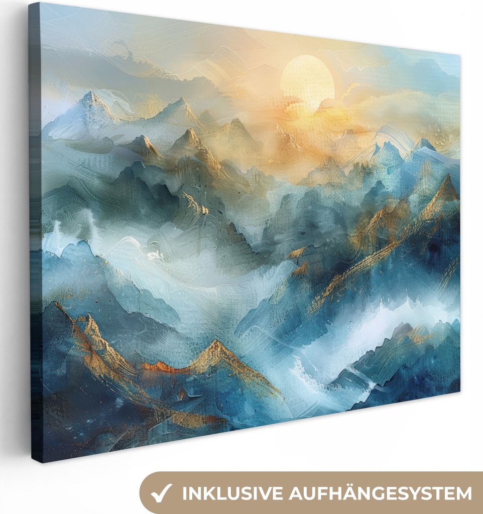 MuchoWow - Leinwandbilder - Abstrakt - Landschaft - Berge - Blau - Modern, Wandbild, Wanddeko Bilder Wohnzimmer, 120x90 cm