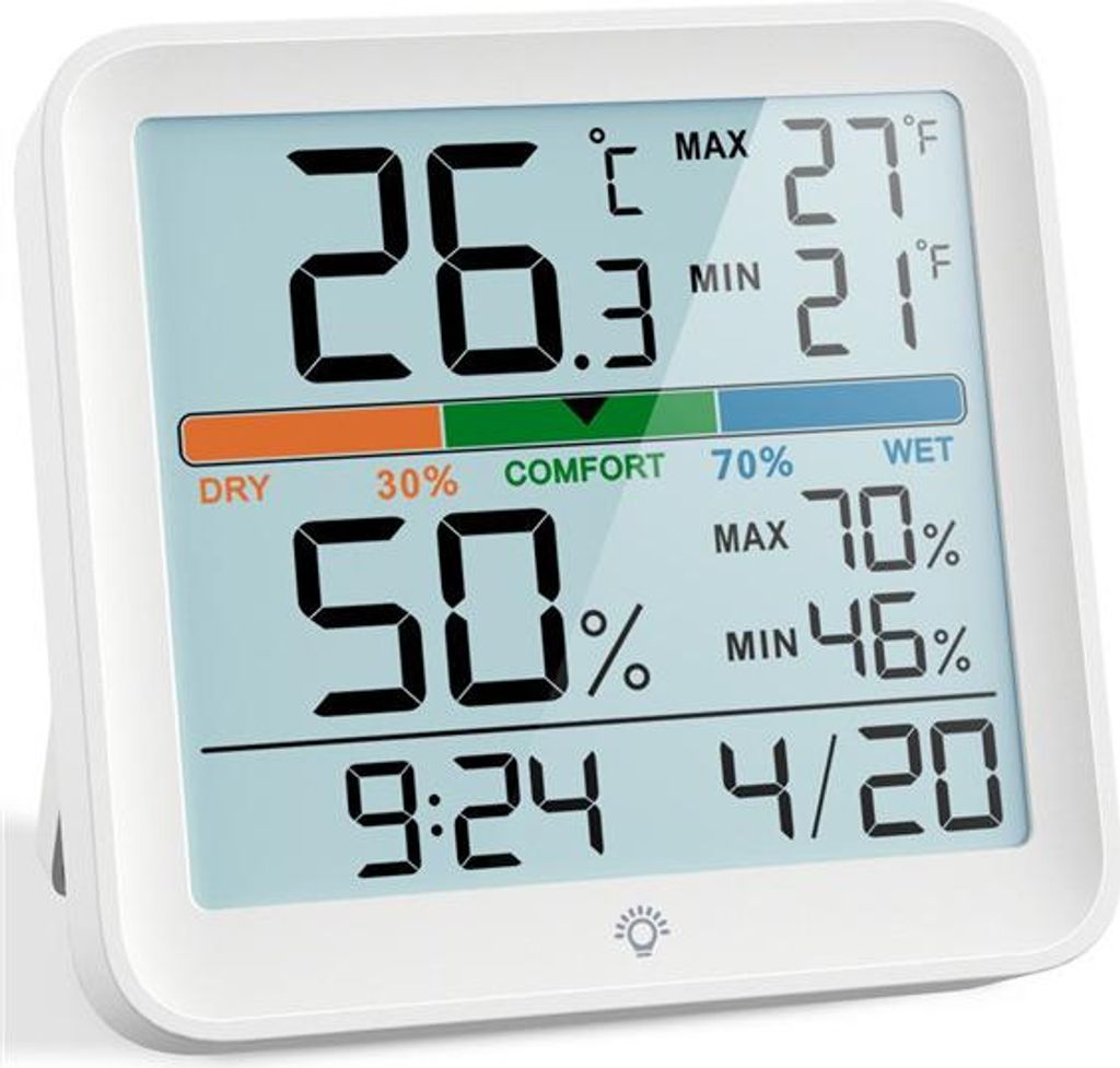 Hygrometer-Innenthermometer – Digitales Feuchtigkeitsmessgerät, präziser Temperaturmonitor mit Kalibrierung, MAX/MIN-Aufzeichnungen, Uhr mit LC...