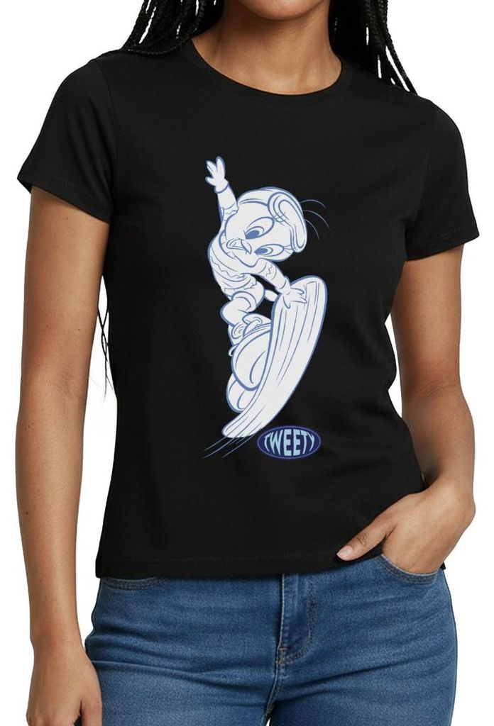 Spreadshirt Looney Tunes Tweety Mit Snowboard Frauen T-Shirt, XXL, Schwarz