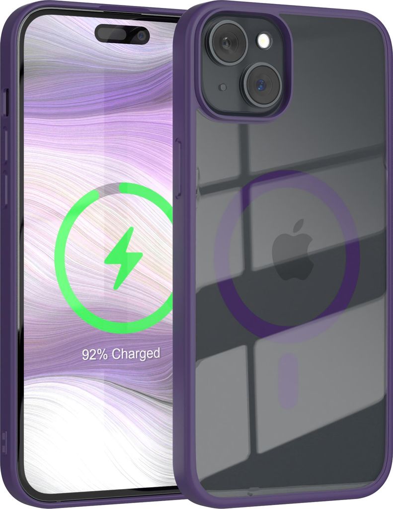 EAZY CASE Clear MagSafe Case für Apple iPhone 15 Plus, Qi-Charging, Silikon mit Kameraschutz, Bumper Case in Violett