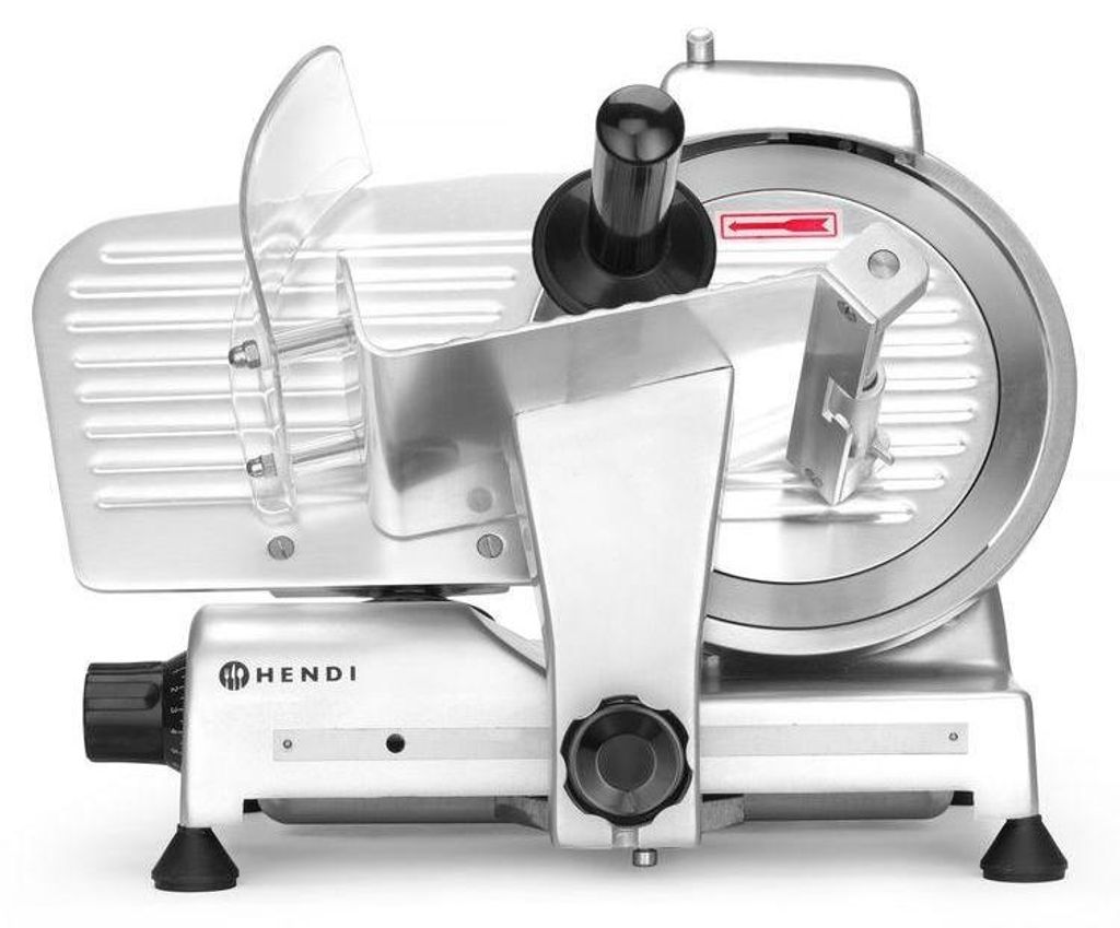 A close-up, studio shot of a professional meat slicer.