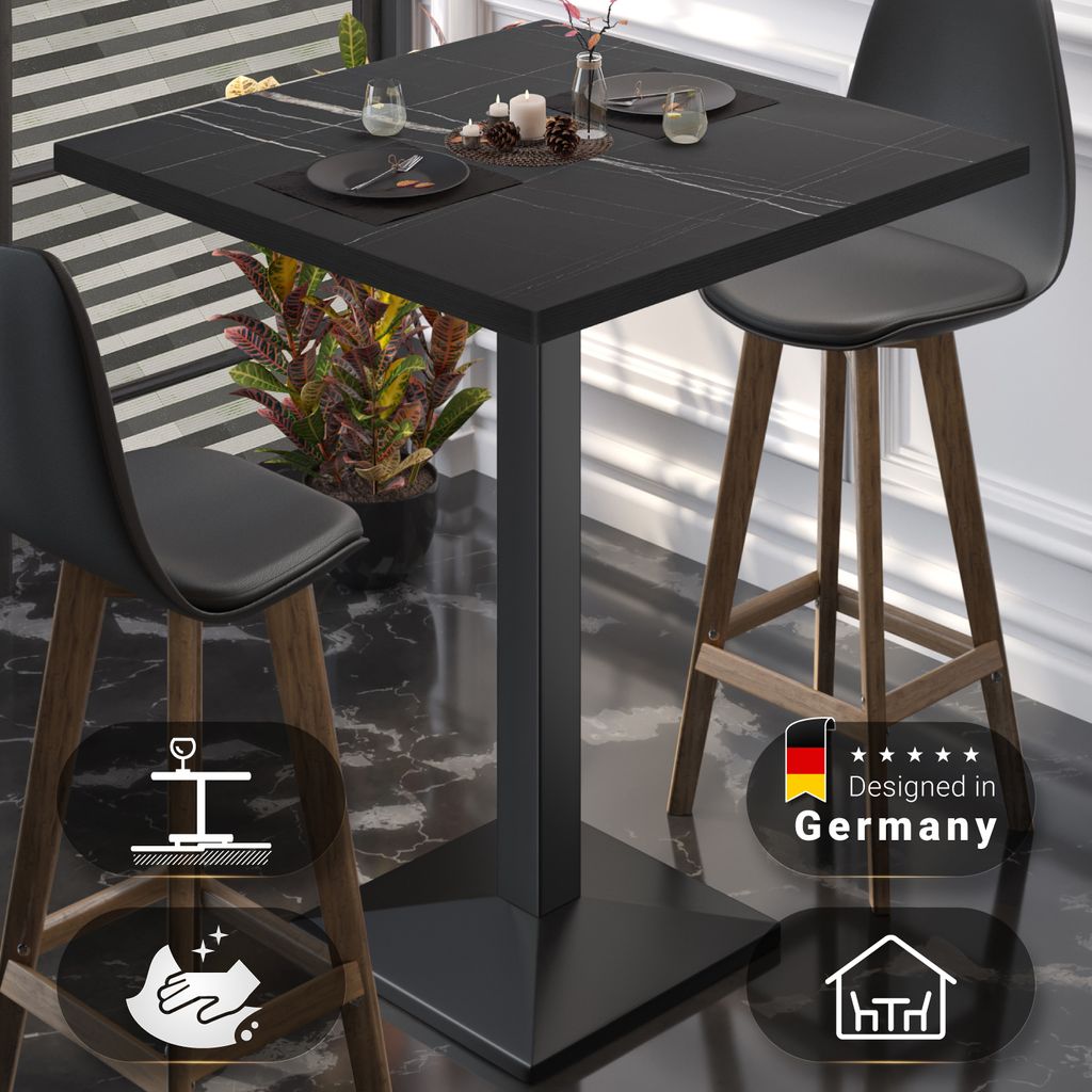 BPA | Bistro Stehtisch | 80 x 80 x 112 cm | Schwarzer Rand | Quadratisch | Schwarz Marmor / Schwarz | Gastro Steh Tisch Restaurant