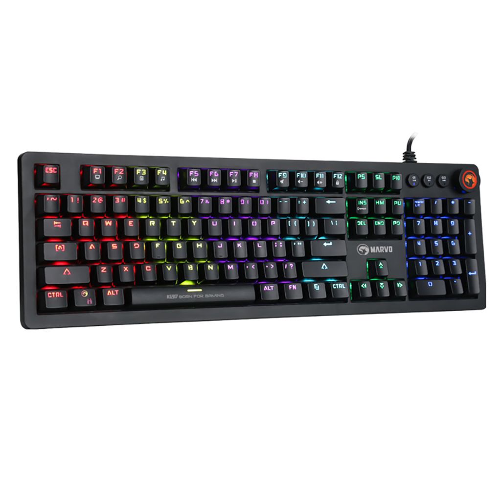 A black gaming keyboard with RGB backlighting is shown from a slightly elevated front-side angle against a white background.