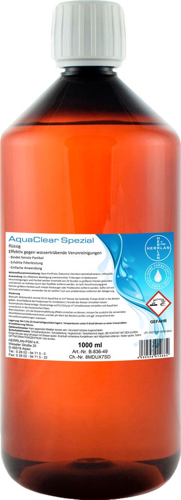 HERRLAN AquaClear flüssig 1 L KristallKlar – Anti Trübung – Pool Wasseraufbereitung – Für alle Filterarten I Herrlan - Qualität
