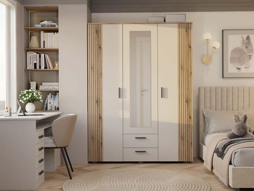 Moderner 3-türiger Kleiderschrank mit Spiegel und 2 Schubladen