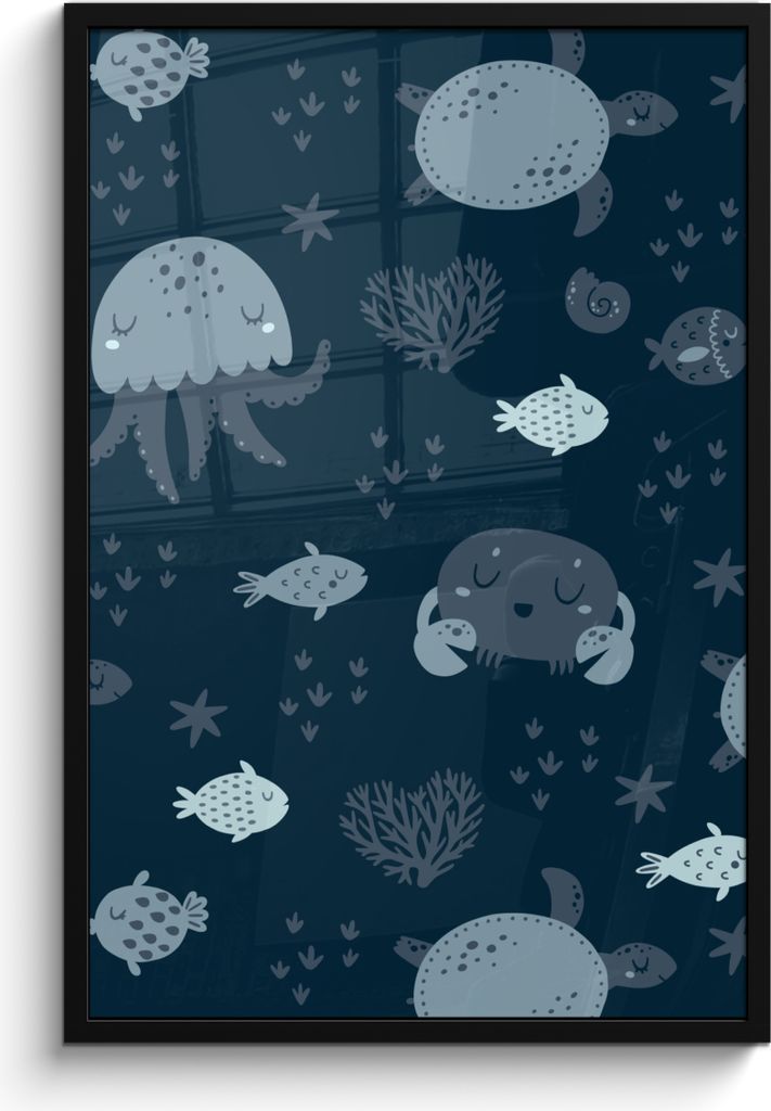 MuchoWow MuchoWow Gerahmtes Poster Schildkröte - Meerestiere - Schnittmuster - Jungen - Baby 60x90 cm - Poster mit zchwarzem Bilderrahmen - Kunst