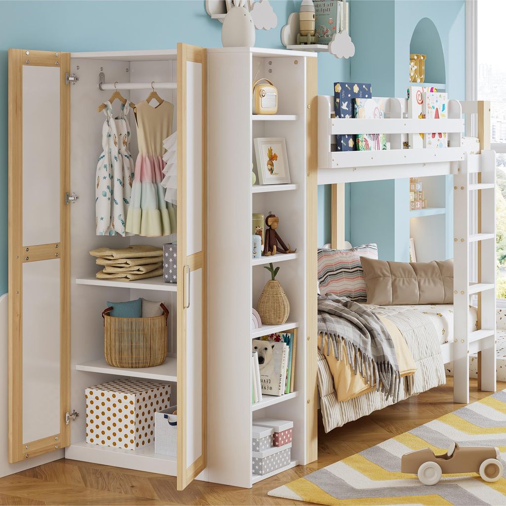 Sweiko Etagenbett, Kinderbett mit Fallschutz und Gitter, mit 4-stufiger Leiter, 6 offenen Regalen, Kleiderschrank seitlich, Reichlich Stauraum, Kie...