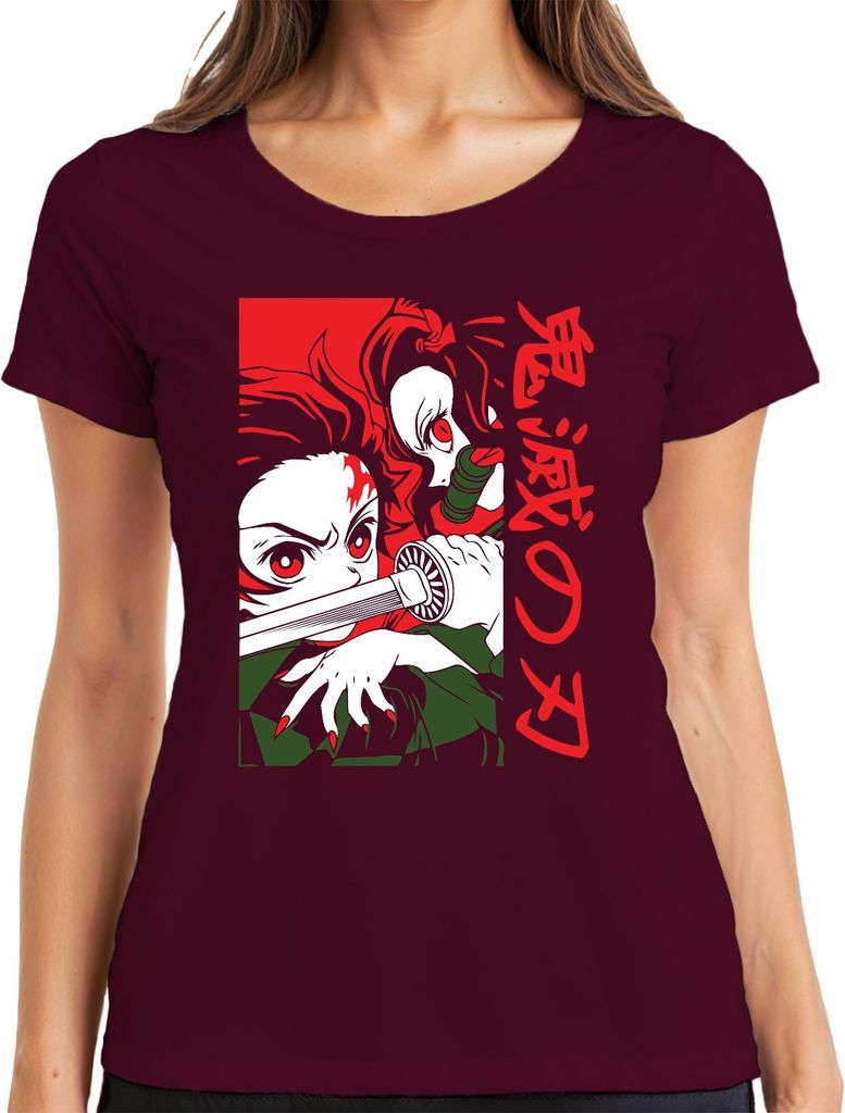 Kimetsu no Yaiba Nezuko Katana Anime Manga Japan Geschenk Cosplay Damen T-Shirt, Burgundy, M