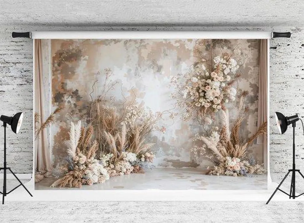 Toile de fond de studio photo 3x2m décor herbe de pampa et fleurs