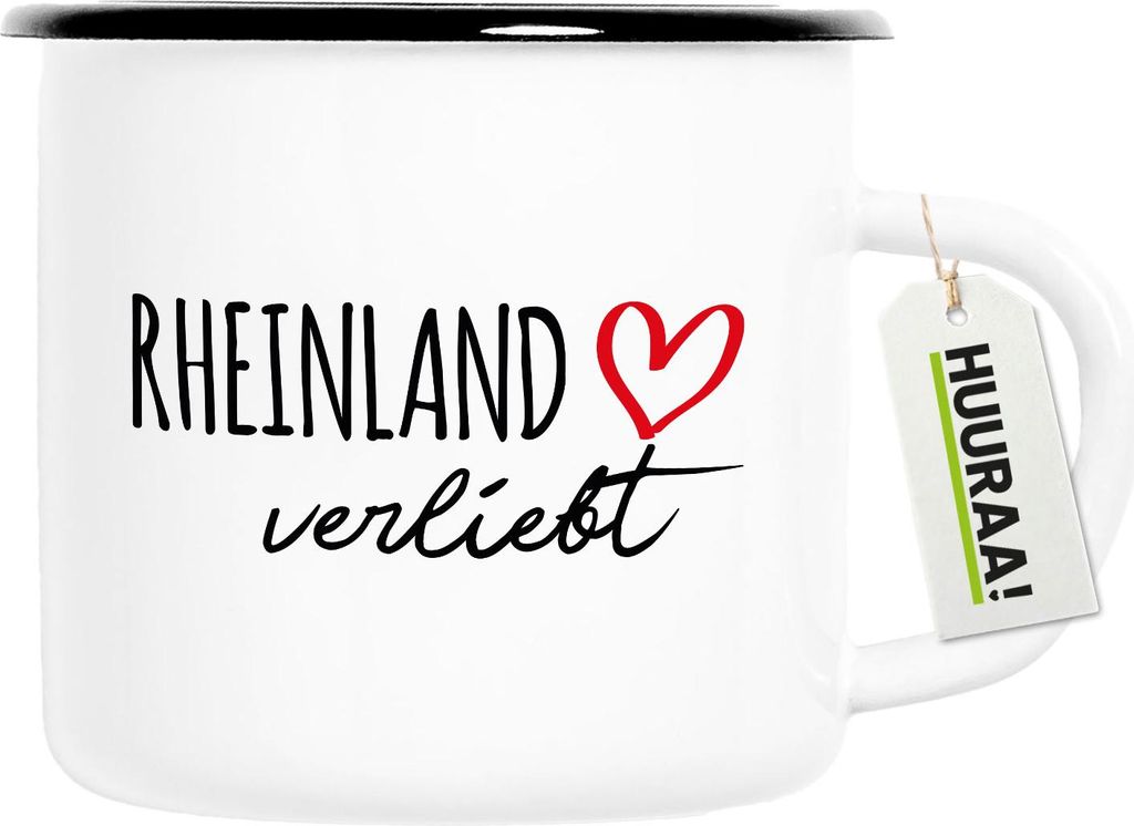 Huuraa Emaille Tasse Rheinland verliebt 300ml Vintage Campingbecher Geschenkidee