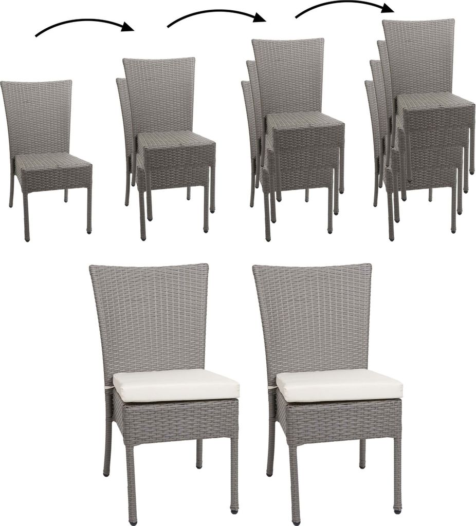 2er-Set Poly-Rattan Stuhl HWC-G19, Balkonstuhl Gartenstuhl, stapelbar - grau, Kissen creme