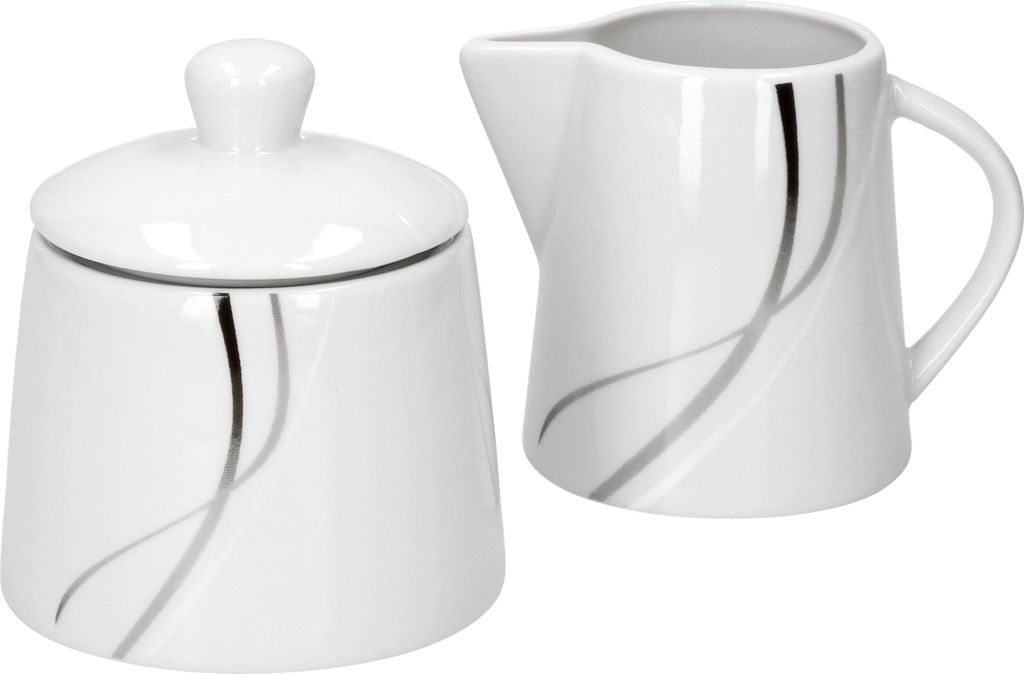 Van Well Zuckerdose + Milchkännchen-Set Silver Night, Zuckerspender + Gießer, Porzellan,Linien-Dekor