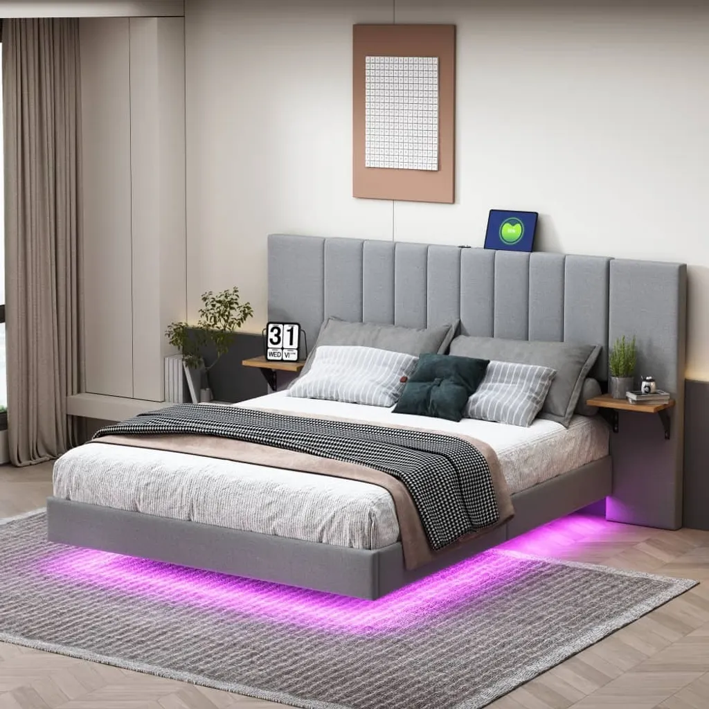 Lit double design gris 140x200 pour chambre connectée avec LED et USB