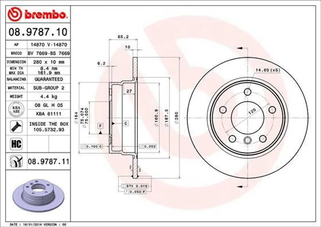 Disque de frein arrière Brembo 08.9787.11 pour BMW Série 1 E81 et E87