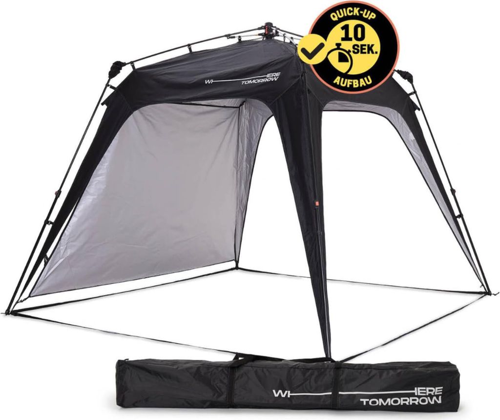 A black pop-up pavilion is shown from the front, with its frame and fabric canopy visible. A black carrying bag is placed in front of the pavilion.