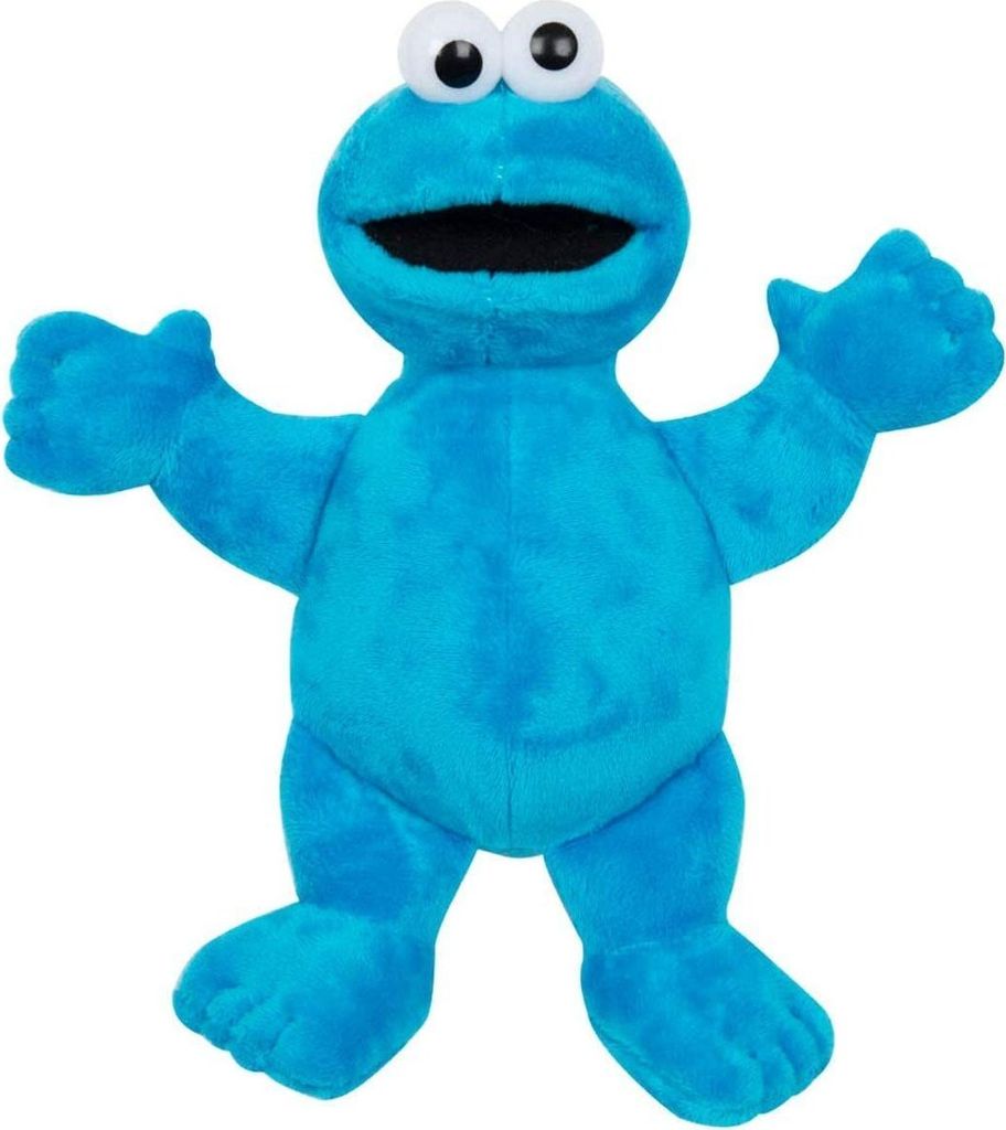 A plush toy of the Sesame Street character Cookie Monster is shown against a white background.