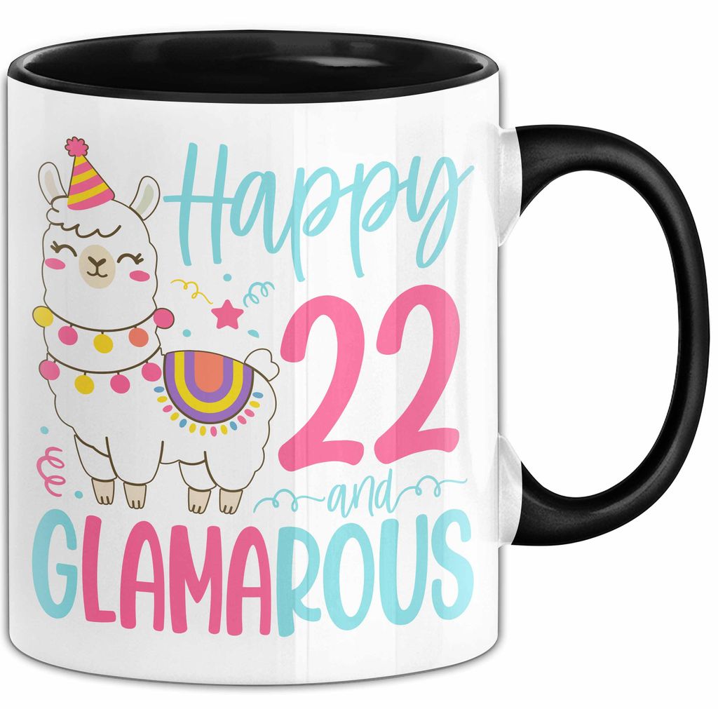 22er Geburtstag Tasse Geschenk Happy 22 And Glamarous Llama Alpaka Liebhaber Geschenkidee zum Geburtstag (Schwarz)