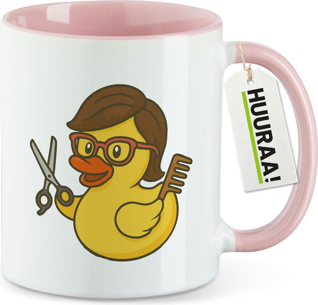 Huuraa Kaffeetasse Quietscheente Friseurin Comic Gummiente 330ml Rosa Keramik Kaffeebecher Geschenkidee