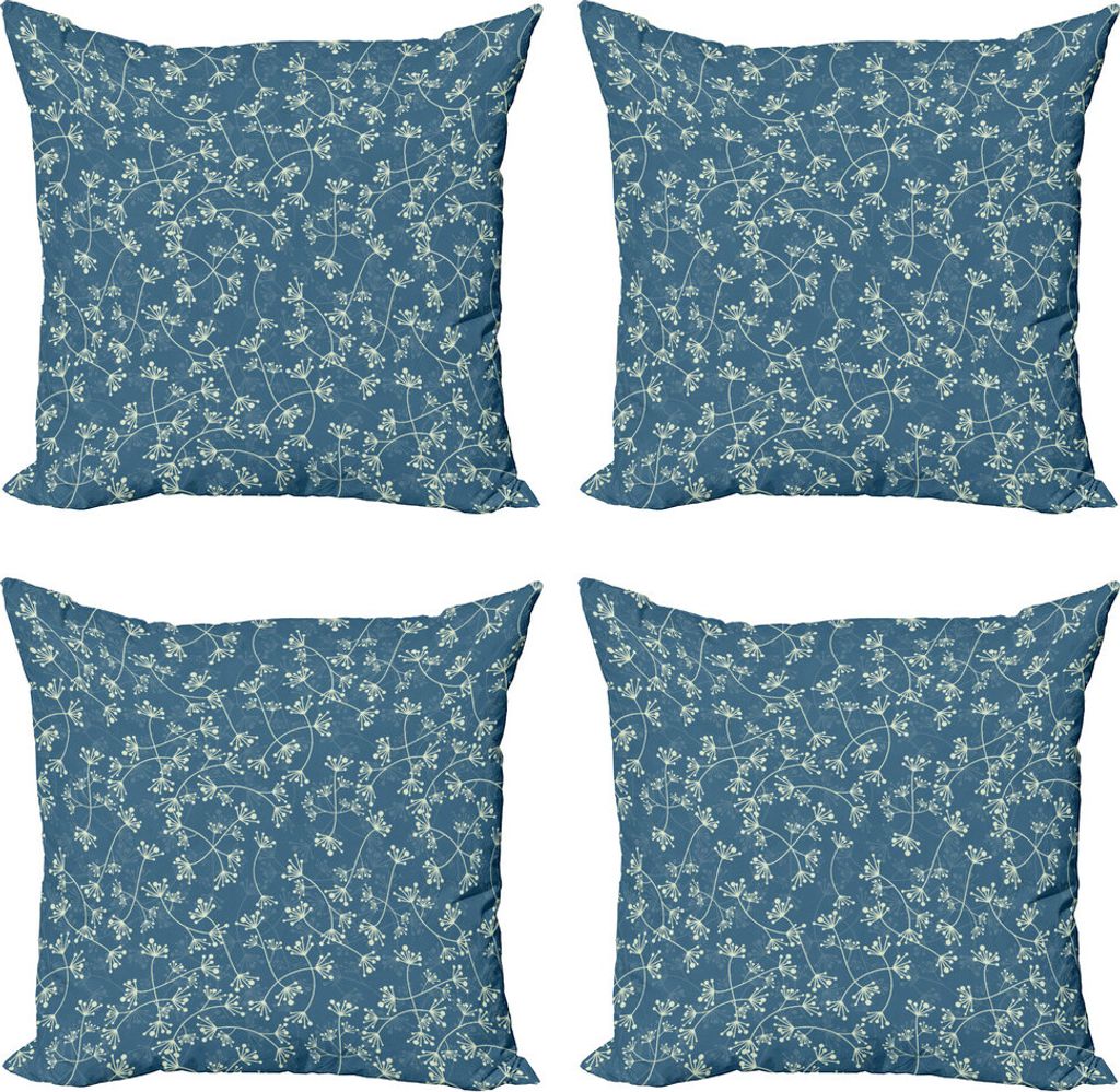 ABAKUHAUS Blumen Kissenbezug Set (4 Stück), Twiggy Frühling Petal Blau, Moderner Doppelseitiger Digitaldruck, 60 cm x 60 cm, Blassgrün Schieferblau