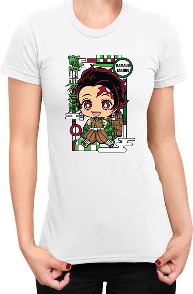 Damen T-Shirt Demon Anime Slayer Kimetsu No Yaiba Chibi Tanjiro Kamado, Lady S / Weiß