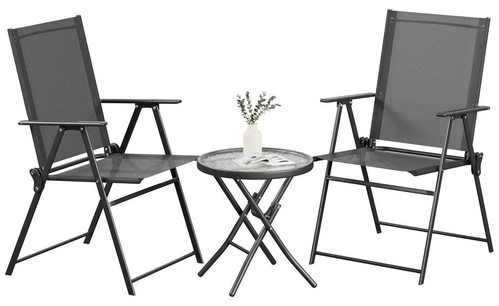 3-teiliges Gartenmöbel-Set - Balkonset - Zwei Sitzplätze - Tisch Und Zwei Stühle - Metallrahmen Aus Eisen - Moderner Stil - Schwarz