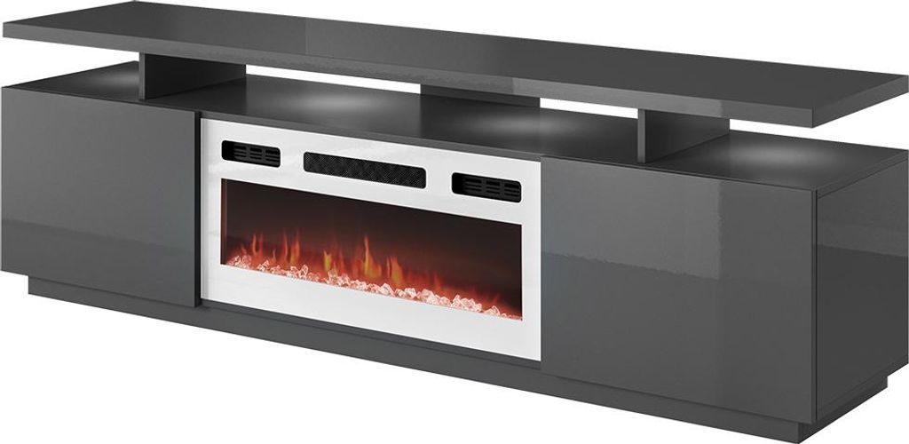 MIRJAN24 TV-Lowboard Eva mit Kamin, RTV-Schrank vom Hersteller, TV-Möbel, Stilvoll Wohnzimmer (Graphit / Graphit Hochglanz, mit Kamin Weiss, mit L...