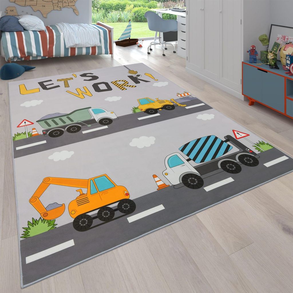 Kinderteppich waschmaschinenwaschbar Baustellenfahrzeuge‐Muster Kinderzimmer schmutzabweisend Grau Rechteckig 100x200 | 100% Polyester | pflegele...