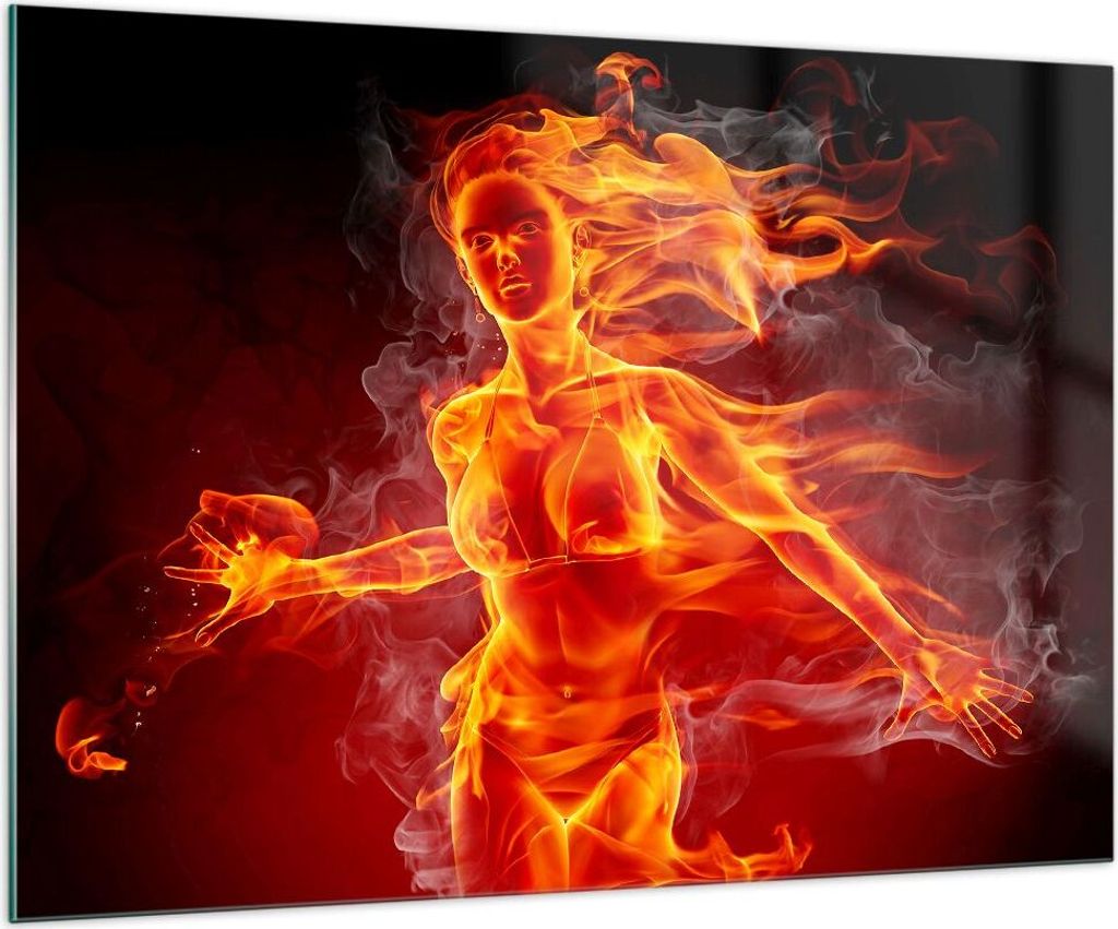 Bilder auf glas - Frau Flammen Illustration - 100x70cm - Glasbilder - Wandbilder - Kunstdruck - zum Aufhängen bereit - Wanddekoration aus Glas - G...
