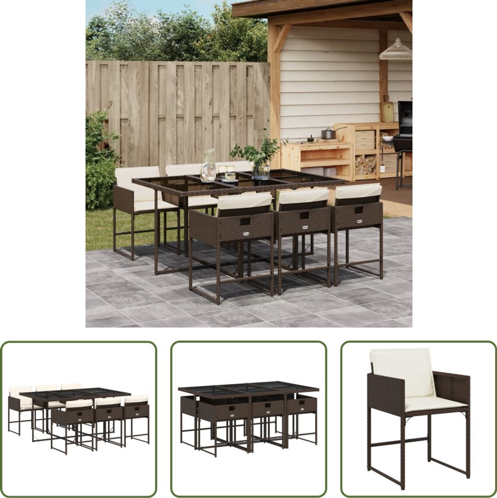 The Living Store 7-tlg. Garten-Essgruppe mit Kissen Braun Poly Rattan