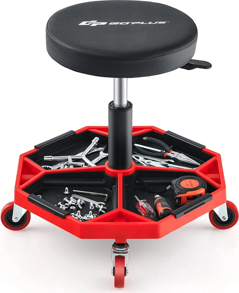 Siège d'atelier pivotant avec plateau porte-outils et assise rouge/noir