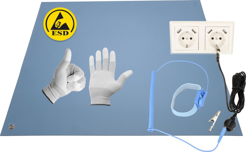 Minadax 40 x 30cm Antistatik ESD Computer Matte Tischmatte „“ inkl. Manschette + 2,4m Verlängerung + ESD Handschuhe GR-L