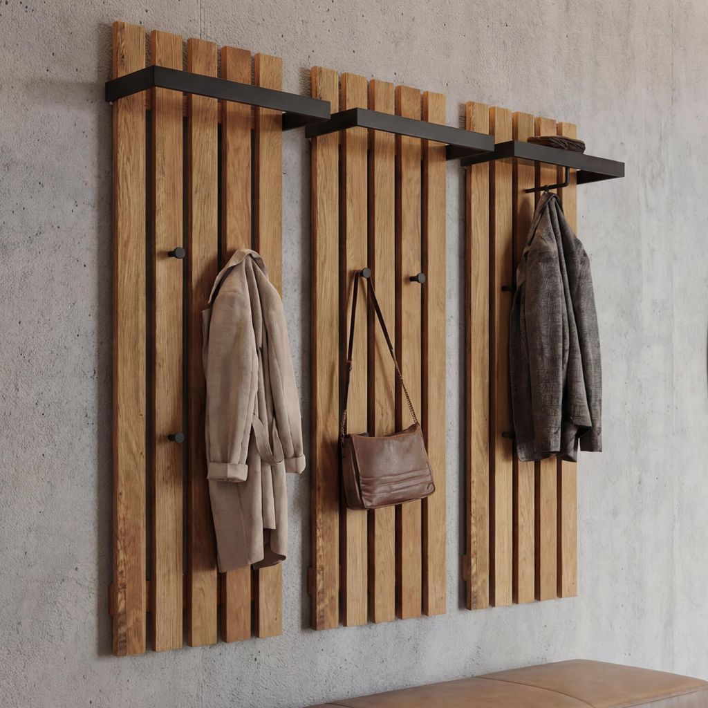 MCA 3er-Set Garderobenpaneel HWC-P57, Wandgarderobe Garderobenleiste Holzgarderobe, 4 Haken Metall 120x40cm, Eiche