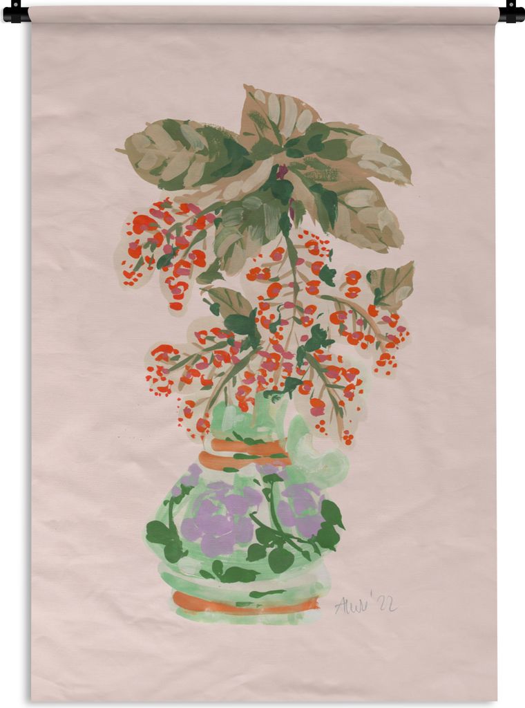 MuchoWow Wandteppich Wandbehang Blumen - Vase - Pflanzen - Pastell 90x135 cm Tapisserie Dekoration Wandtuch - Baumwolle - Wandskulptur