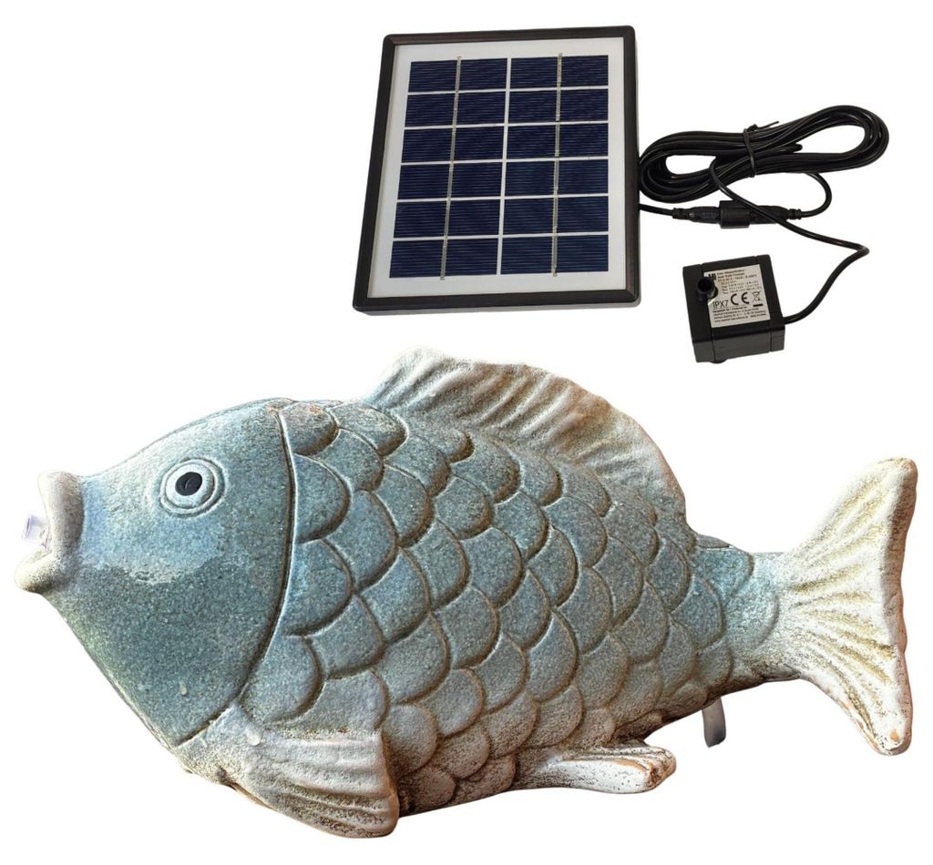 Solar Wasserspeier Fisch Blau-Weiß – Maritimes Keramik-Wasserspiel für Teich, Miniteich & Balkon – Inkl. Solarpumpe & 3m Kabel
