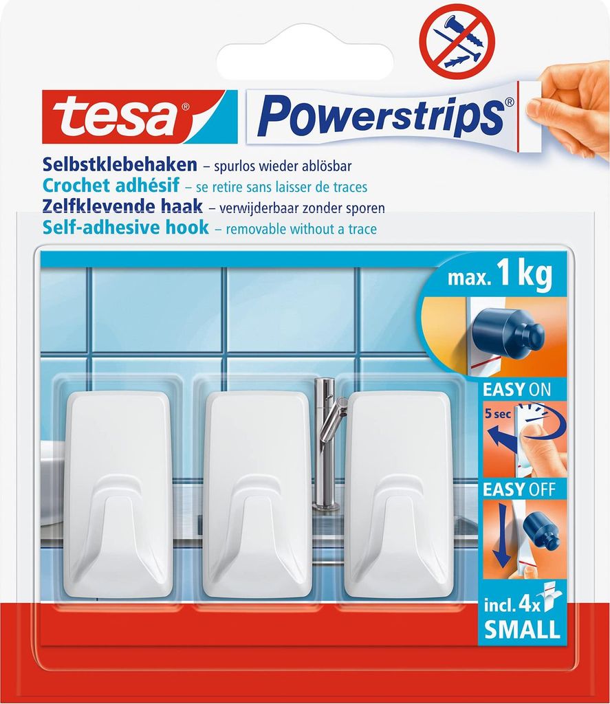 tesa Powerstrips Haken SMALL Rechteck weiß 3 Haken und 4 Produktbild 