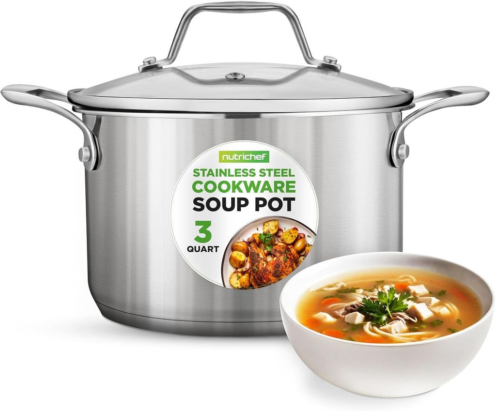 NutriChef Edelstahl Kochtopf, 3L - Ø 20 cm Suppentopf Induktion mit Glasdeckel, für alle Herdarten Geeignet, Ergonomisch