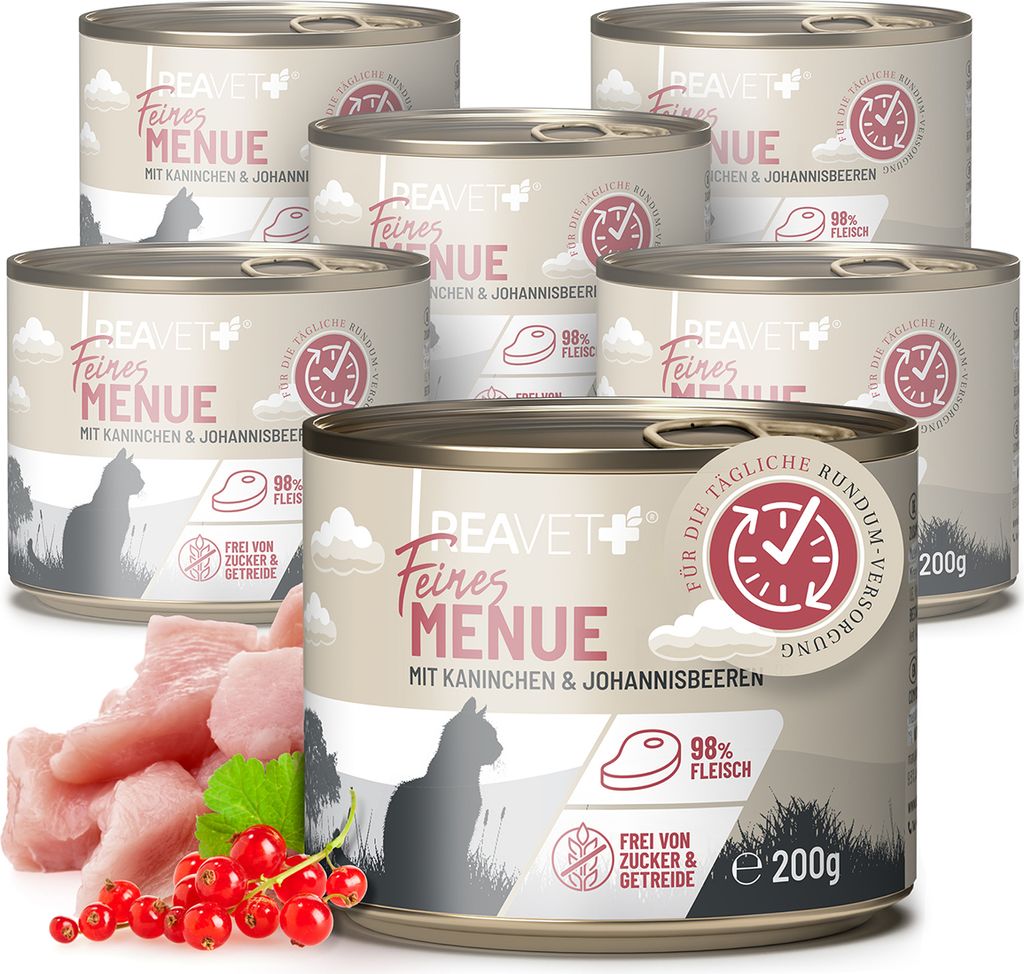 REAVET Premium Katzenfutter nass mit Kaninchen & Johannisbeeren 6 x 200g I Getreidefrei aus hochwertigem Fleisch I Katzennassfutter ohne Zucker, Na...