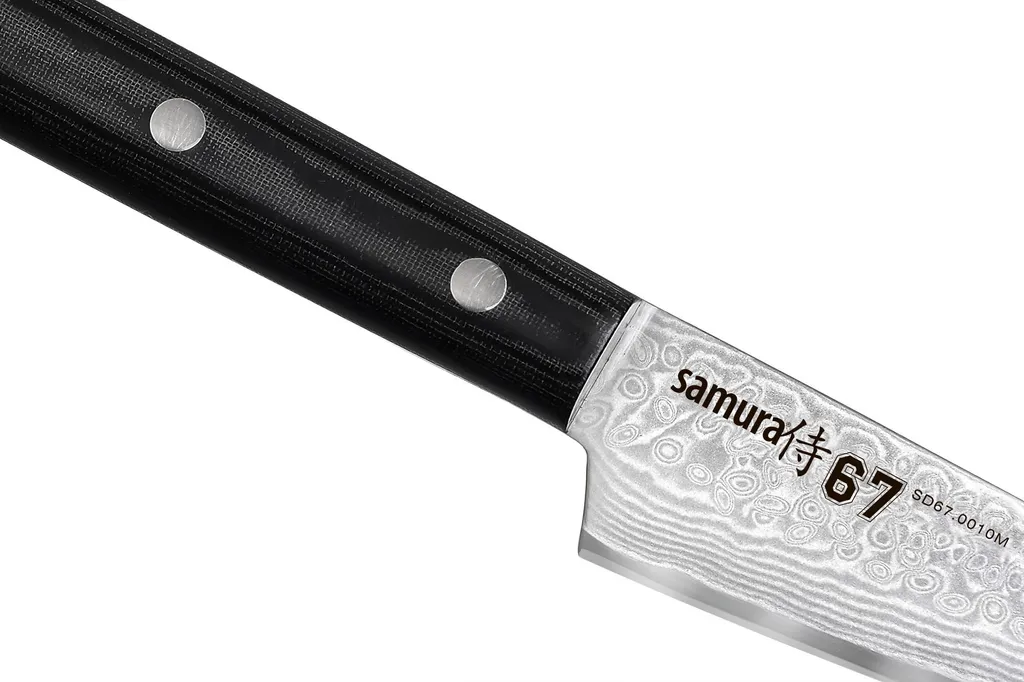 Coltello Damasco Giapponese 12 Cm: Lama Professionale 67 Strati, Manico G-10, HRC 61
