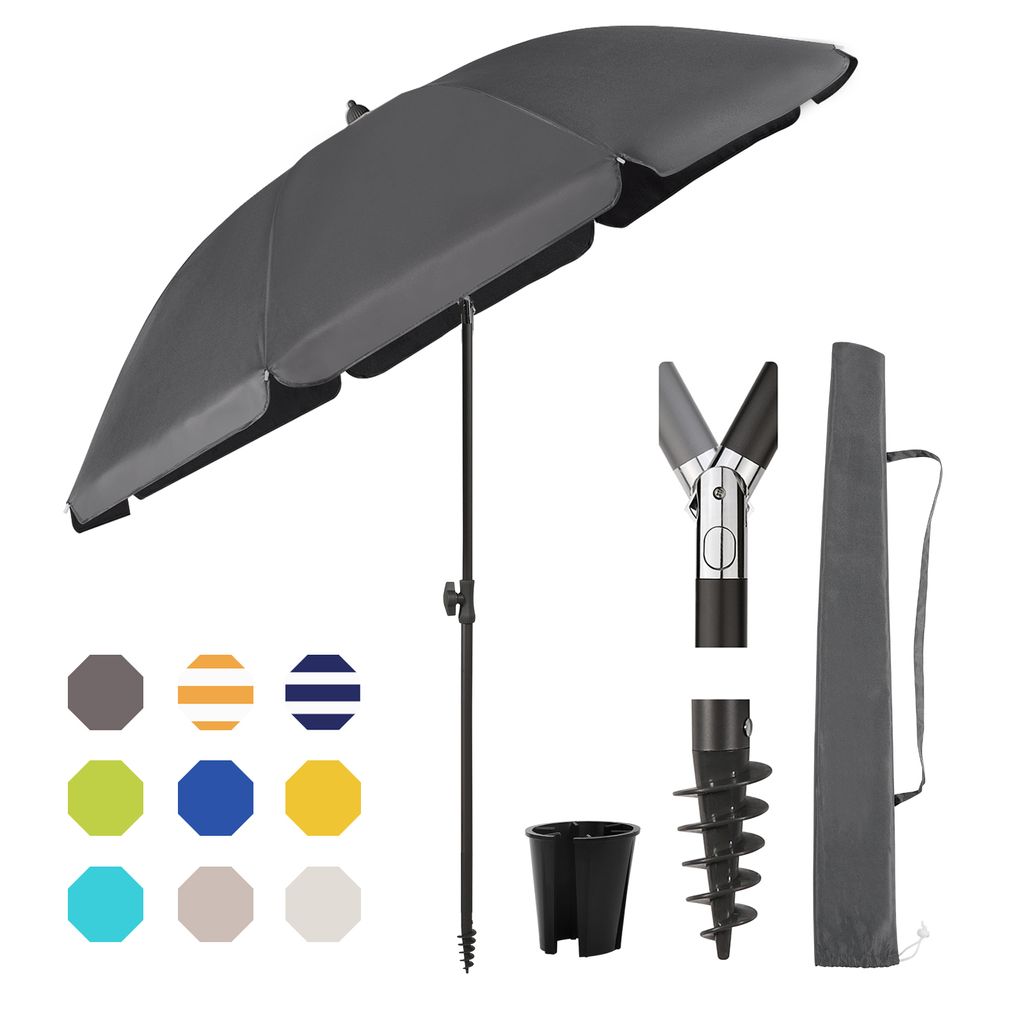 A collection of items related to a patio umbrella, including the umbrella itself, various color swatches, a base, a screw-in ground stake, and a carrying case.