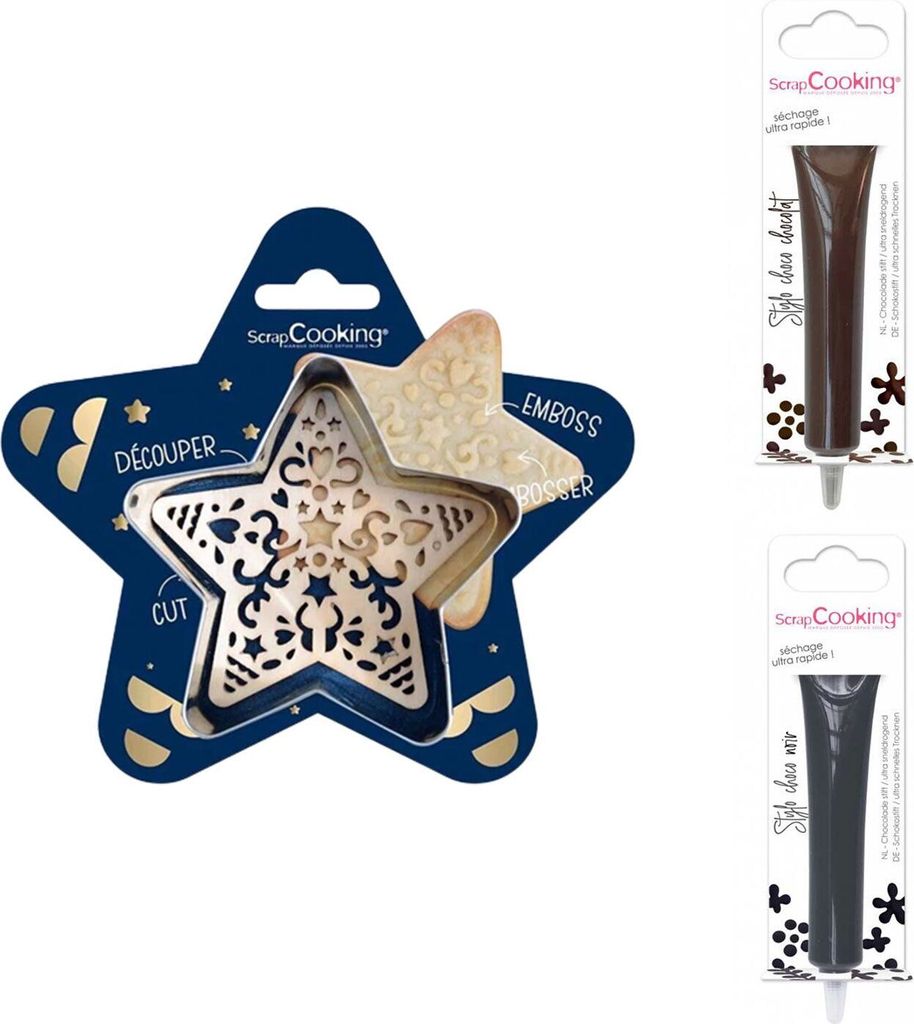 Stern-Relief-Plätzchen-Set + 2 Schokoladenstifte in Braun und Schwarz