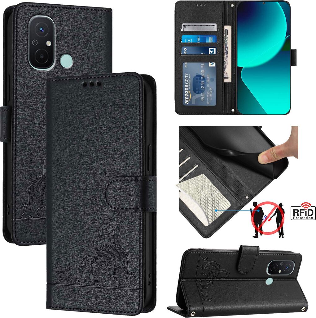 Leder Hülle für Xiaomi Redmi 12C /Redmi 11A Süße Katze Flip Case Brieftasche Schutzhülle mit Standfunktion Schwarz