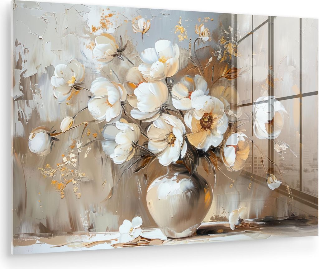 MuchoWow Glasbilder - Bilder auf Wandbild - Foto auf Glas Vase - Blumen - Kunst - Gold 120x80 cm Wanddekoration aus Glas - Acrylglasbild - Acrylbil...