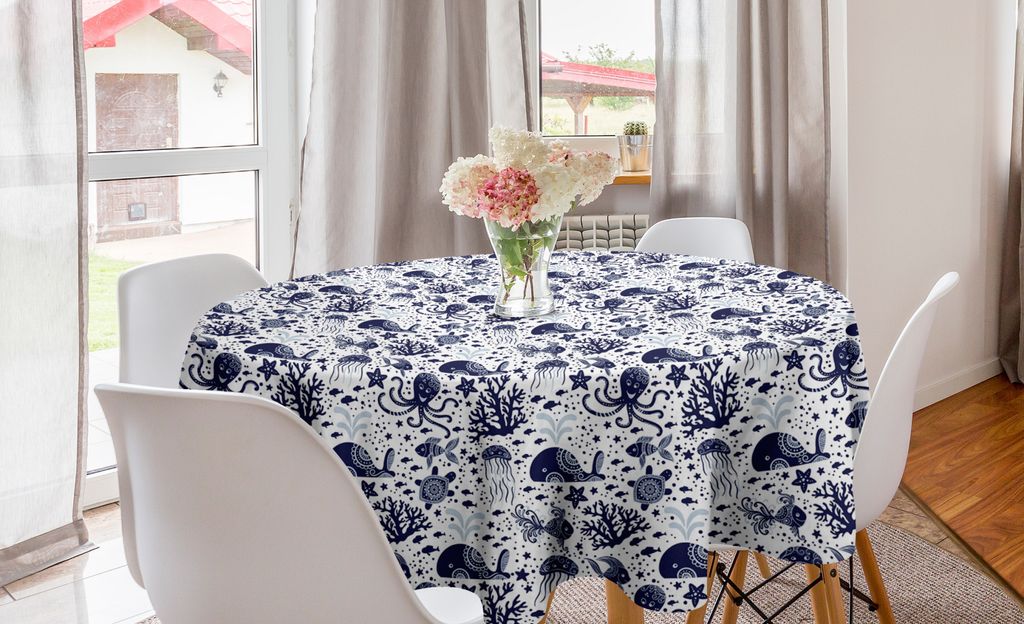 ABAKUHAUS Wasser Runde Tischdecke, Unterwasser-Meerestiere, Kreis Tischdecke Abdeckung für Esszimmer Küche Dekoration, 150 cm, Pale Kadett-Blau I...
