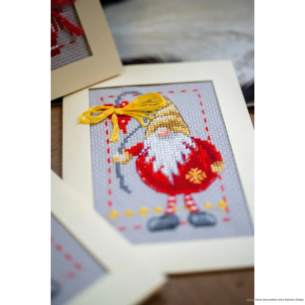 Set 3 Biglietti Natale Gnomi Vervaco - Ricamo Punto Croce Contato - 6